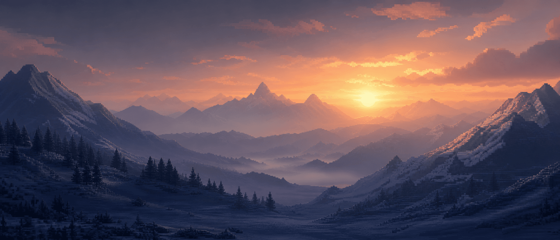 Voxel mountains at sunset